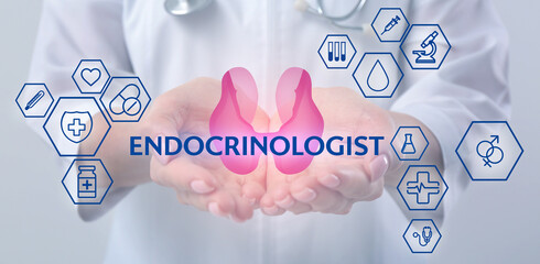 Endocrinologist holding thyroid illustration surrounded by icons on light background, closeup....