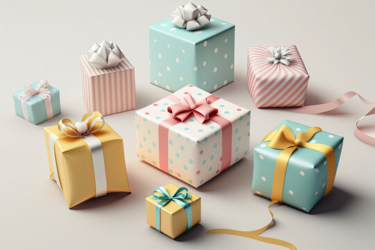 Gifts, presents, bows, ribbons, gift, box, present, wrapped, decorative, colorful, festive, surprise, packaging, ribbon, bow, goodies, white, gold, silver, teal, yellow, blue, green, pink, ball, star
