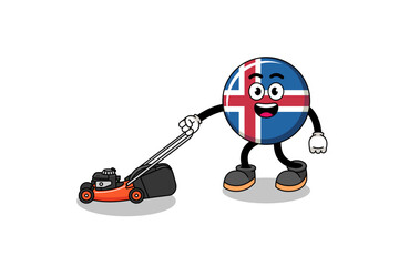 iceland flag illustration cartoon holding lawn mower