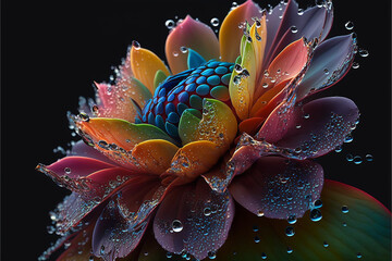 Fototapeta premium Macro Close Up of a Colorful Flower, Rainbow, Dew Drops, made with Generative AI