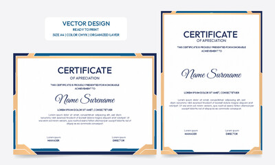 Fototapeta premium Blue and gold certificate of achievement template with gold border