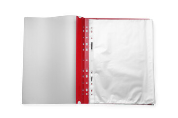 File folder with punched pockets isolated on white, top view