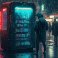 Cyber Futuristic Vending Machine Dispensing Happy Pills in a Dark City, made with Generative AI - obrazy, fototapety, plakaty