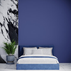 Luxury bedroom with black and white marble slab. Deep blue navy trendy tone wall and bed color. Dark luxury mockup interior design space. Modern style home or hotel, showroom. 3d rendering