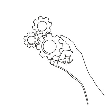Continuous line drawing of hands holding metal gears. hand drawn metal gears concept in one line doodle style. suitable for technology marketing, industrial, automotive doodle style