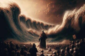 Moses and His Followers Escaping from the Egyptians The Exodus of the Bible, Crossed by Parting the Red Sea Generative AI - obrazy, fototapety, plakaty