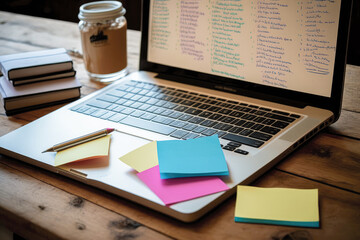 Obraz premium A laptop with notes and post-it notes on a wooden table - Generative AI