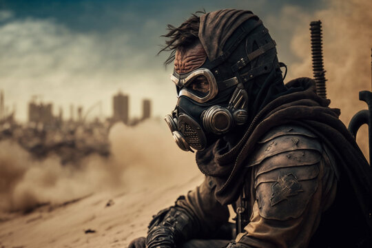 Portrait of a Character posapocalyptic, close up, with typical mask, landscape, cars in desert, generative ai
