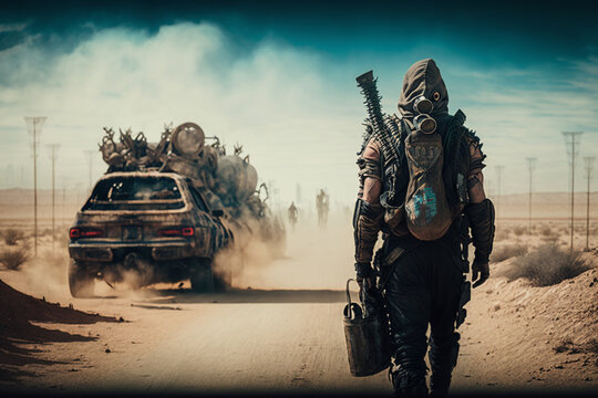 Back view of a postapocalypctic Character inspired and a car in the desert, landscape, post apocalyptic, generative ai