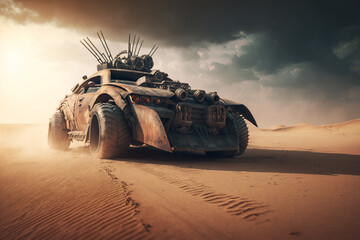 Naklejka premium Car in desert, post apocalyptic landscape,, generative ai
