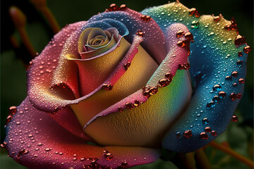 Macro Close Up of a Colorful Rose, Rainbow, Dew Drops, made with Generative AI