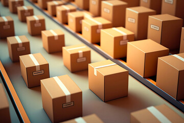 Fototapeta premium Row of brown boxes on conveyor belt against boxes in warehouse production. Generative AI.