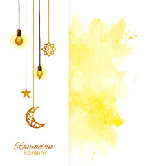 Islamic design for ramadan kareem greeting card with hanging lamp and ornament watercolor illustration.