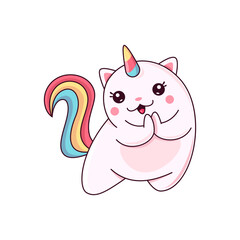 Fototapeta premium Cartoon cute caticorn character applaud, unicorn