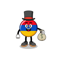 armenia flag mascot illustration rich man holding a money sack