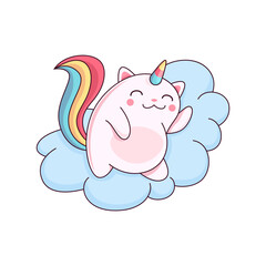 Cartoon cute caticorn character sleeping on cloud