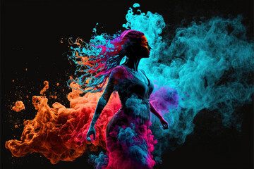 Fototapeta na wymiar silhouette of woman / girl with colorful exploded smoke paint, for Holi festivals background, beautiful, amazing illustration for carnival celebration, AI generated