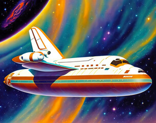 Space shuttle flying through a nebula. Generative AI cartoon style sci-fi art illustration.