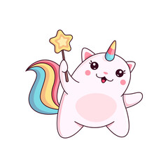 Cartoon caticorn character with star wand, unicorn