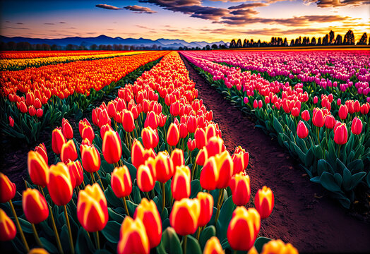 Field of tulip flowers. Generative AI