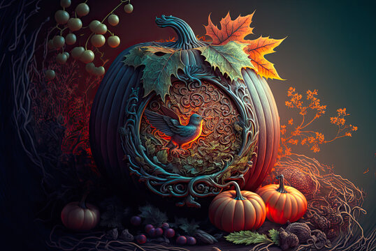 Autumn, Samhain, Halloween, still life, pumpkin. Generative AI