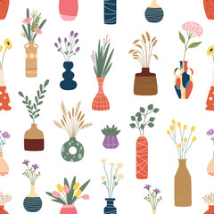Naklejka na ściany i meble Interior flower vases vector seamless pattern