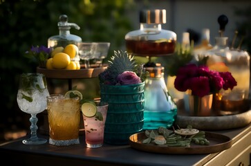 outdoor bar with drinks, garnishes, and barware for a spring happy hour (AI Generated)