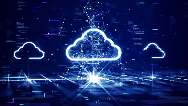 Cloud and edge computing technology concept with cybersecurity data protection system. Upload the binary code to the cloud icon. Interlocking polygons and small icons on a dark blue background.