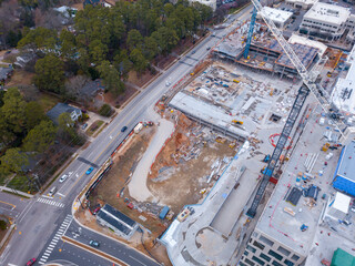 Drone view of various buildings in Raleigh