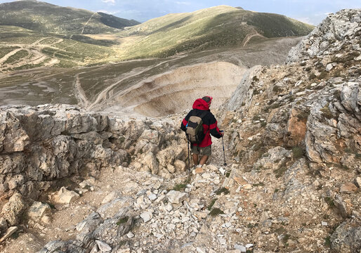 Mountaineer going down Mount Uludag Volfram Mine in Bursa, Turkey. Uludag is the highest mountain in Marmara Region.