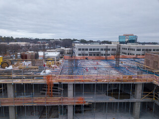 Drone view of various buildings in Raleigh