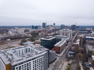 Fototapeta na wymiar Drone view of various buildings in Raleigh
