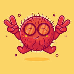 cute rambutan fruit character mascot with peace sign hand isolated cartoon in flat style design