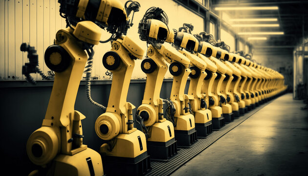Row of yellow robotic arms on assembly line. Generative AI.