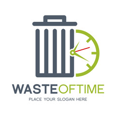 Waste of time vector logo template. This design use garbage and clock symbol.