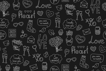 Valentines day linear doodle seamless pattern. Repeat ornament on Valentine day, print boundless wallpaper decor. Romantic background for invitation postcard, celebration greeting endless template