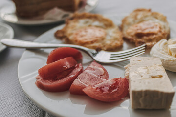 Simple European breakfast served in the guesthouse for travellers.