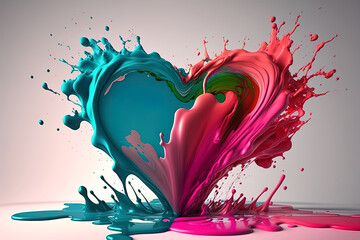 Obraz na płótnie Canvas Heart paint colorful splash. Moving paint liquid in heart shape with vibrant dynamic colors. Generative AI