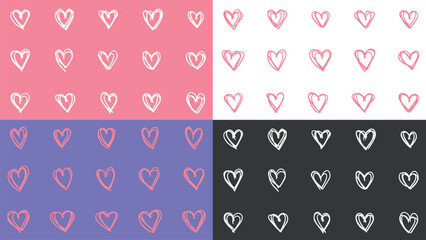 Set of backgrounds for holiday of Valentine's Day in trendy muted pastel colors. Handdrawn heart. Greeting card with pattern. Love. Mothers Day. Purple pink, black, white. Website banner. Print. Pack