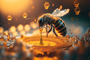 bee on honey, honeybee macro, Generative AI