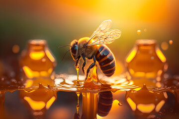 bee on honey, honeybee macro, Generative AI - obrazy, fototapety, plakaty