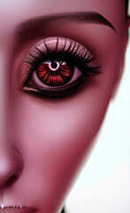 A big beautiful brown eye of a fictitious woman with smooth skin; close-up half-face crop. Generative AI illustration.	
