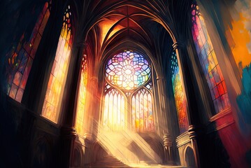 cathedral interior with colorful stained glass windows and beautiful natural light. Generative AI - obrazy, fototapety, plakaty