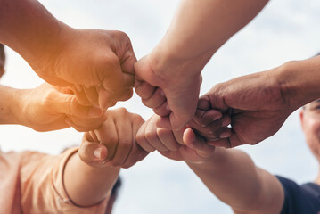 Close up hands Teamwork group of multi racial people meeting join hands. Diversity people hands...