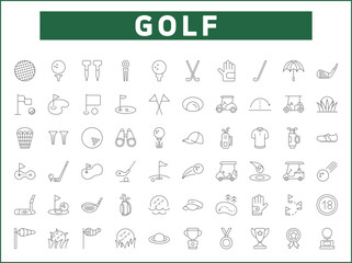 Simple Set of golf Related Vector Line Icons.
Vector collection of sport, ball, field, stick, glove, cart, umbrella, flag and design elements symbols or logo element.