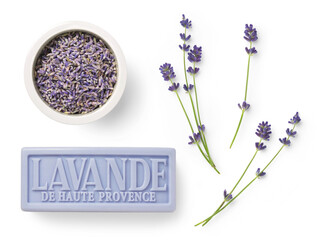 lavender design elements isolated over a transparent background, French soap bar (from the Provence), fresh flowers and dried buds in a white bowl, fragrance / essential oils / cosmetics / perfumery a - 568622757