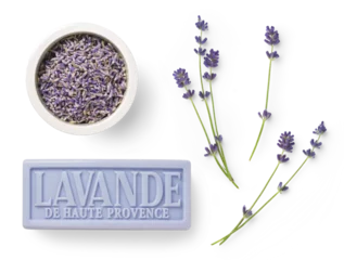 Foto op Aluminium lavender design elements isolated over a transparent background, French soap bar (from the Provence), fresh flowers and dried buds in a white bowl, fragrance / essential oils / cosmetics / perfumery a © Anja Kaiser