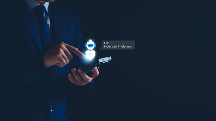 Chatbot concept. open AI, Artificial Intelligence. businessman using technology smart robot AI, enter command prompt, contact for business information analysis, Futuristic technology transformation.