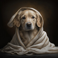 Portrait of a golden retriever puppy in a terry towel on a dark background. Generative AI.