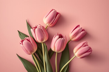 Bouquet of pink tulips flowers on pastel pink background, generative ai 